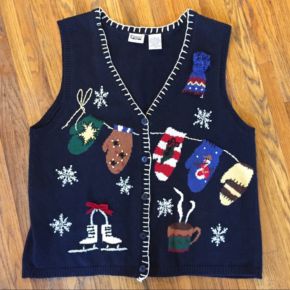 Ugly Christmas sweater vest, mittens, hot cocoa